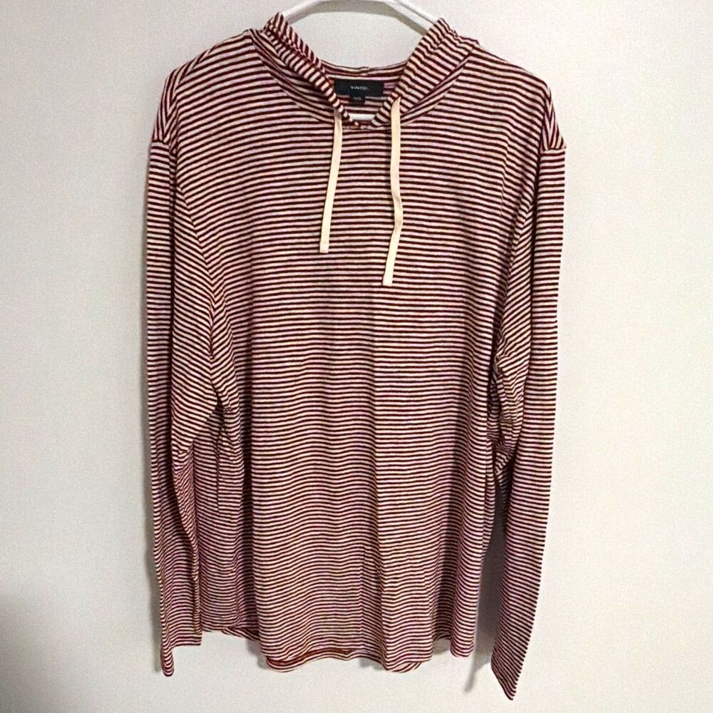 Vince. Men’s Striped Pullover Light Hoodie Red/White Drawstring Size XL